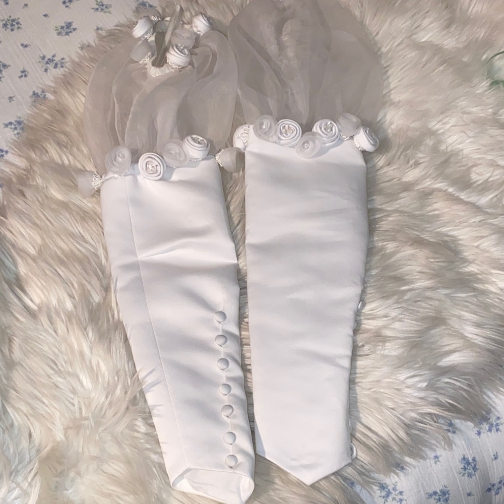 White Bridal Wrist Cuffs with Rose Trim